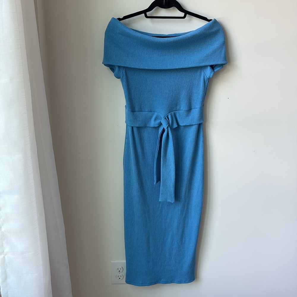 Vici Top Secret Ribbed Off The Shoulder Midi Dress in Blue Tie Waist Size L